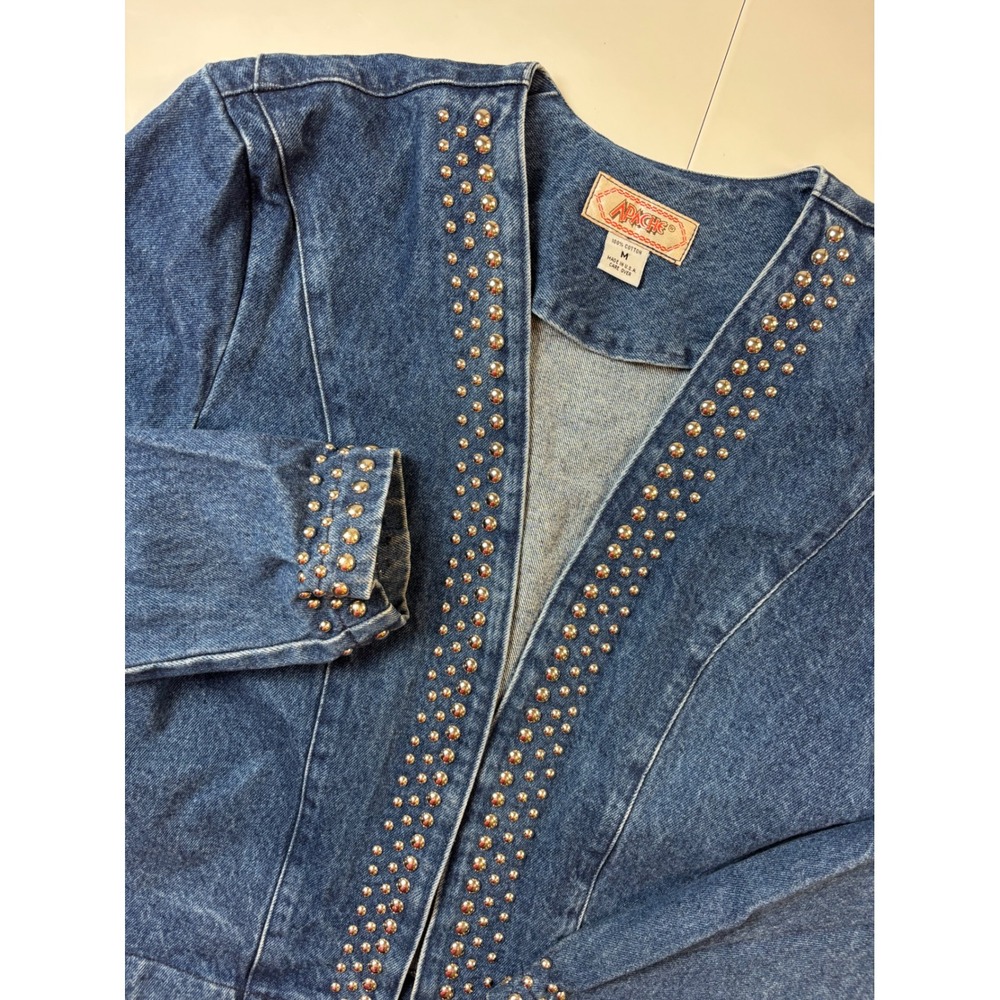 Vintage Apache Denim Jacket Studded Open Front Medium Wash Blue Western Womens M